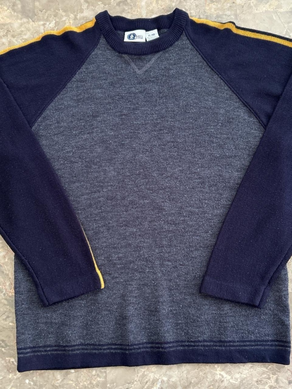 Vintage 90s Arizona Jean Co Colorblock Knit Sweater Navy Gray Yellow XL